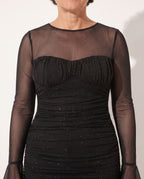 Daphne | Black Ruched Bodycon Mini Dress Long Sleeve Cocktail — detail