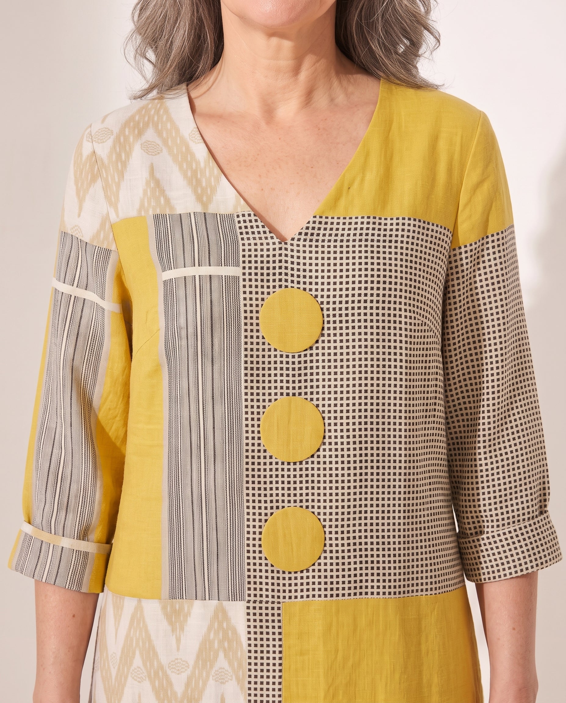 Rosanna | Women Long Sleeve Patchwork Midi Dress Resort Wear — detail