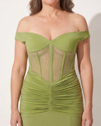 Camille | Off Shoulder Ruched Mesh Evening Maxi Dresses — detail