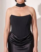 Persephone | Black Corset Dress Strapless Satin Maxi Gown — detail