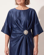 Quintessa | Satin Brooch Midi Dress Kimono Sleeve — detail