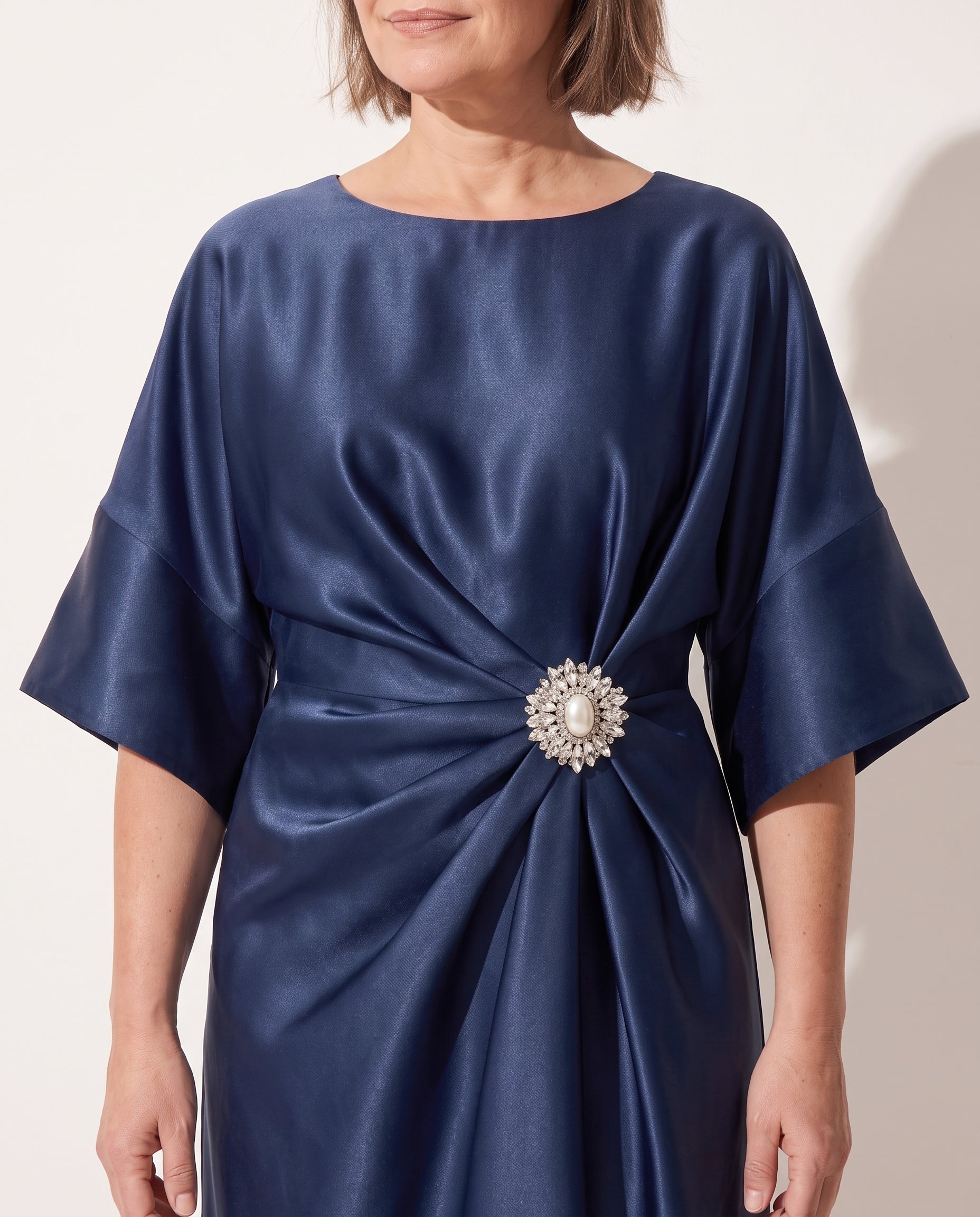 Quintessa | Satin Brooch Midi Dress Kimono Sleeve — detail
