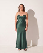 Evangeline | Black Satin Open Back Evening Dress — Emerald