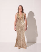 Berenice | Sequin Halter Open Back Maxi Dress Evening — Gold