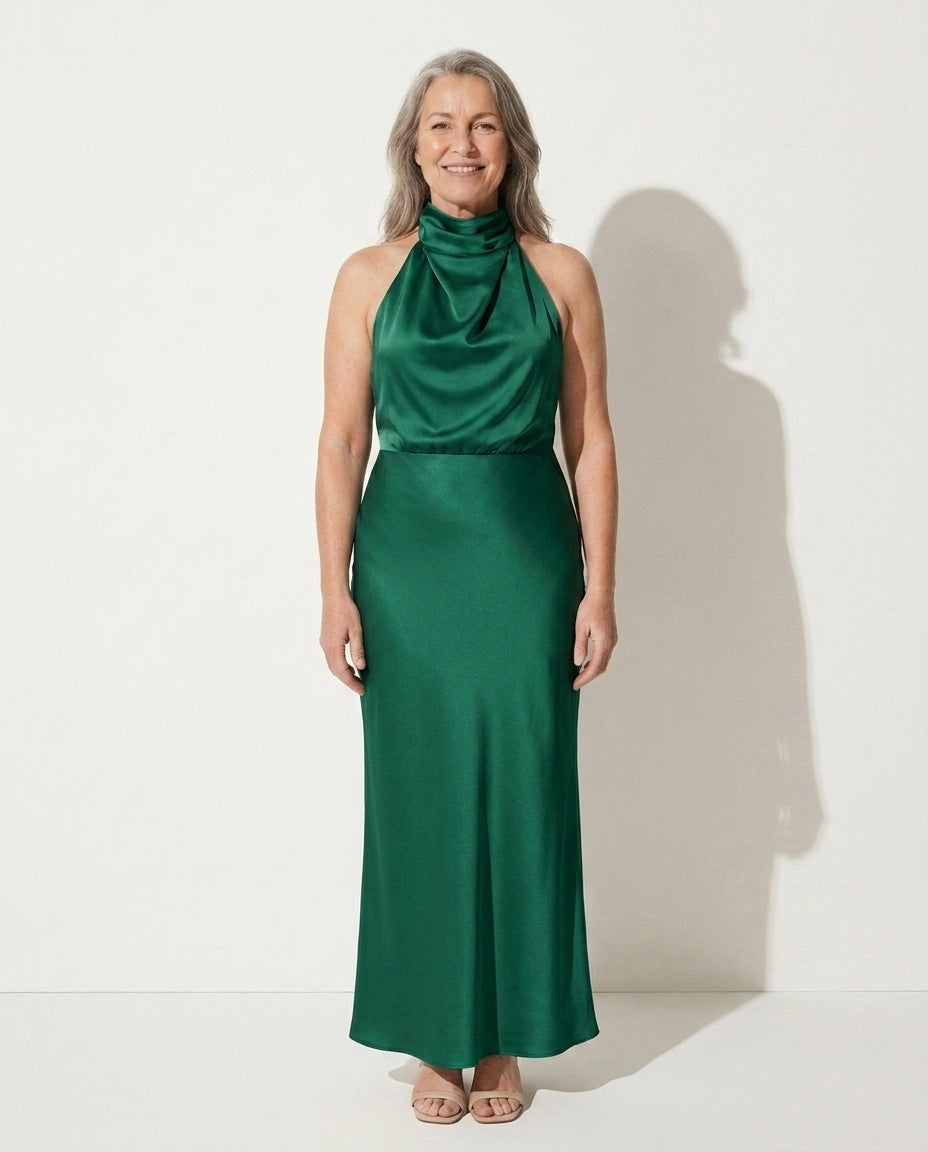 Daphne | Cinderella Cowl Neck Slip Wedding Dress Midi — Green