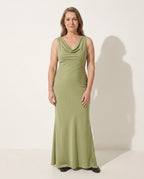 Anouk | Cinderella Satin Cowl Neck Wedding Guest Maxi Dress — Green