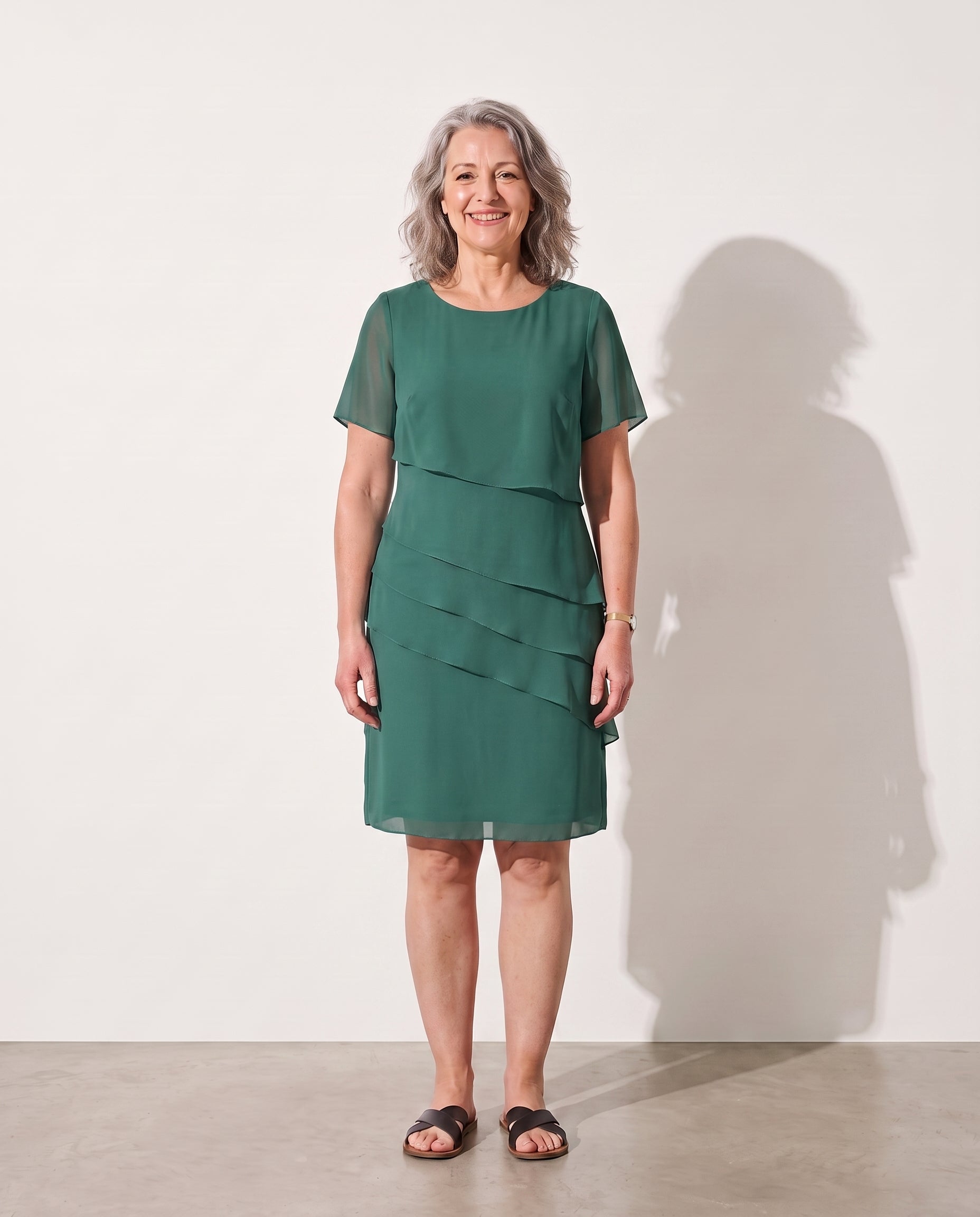 Hermione | Long Sleeve Tiered Chiffon Midi Dress For Occasions — Green