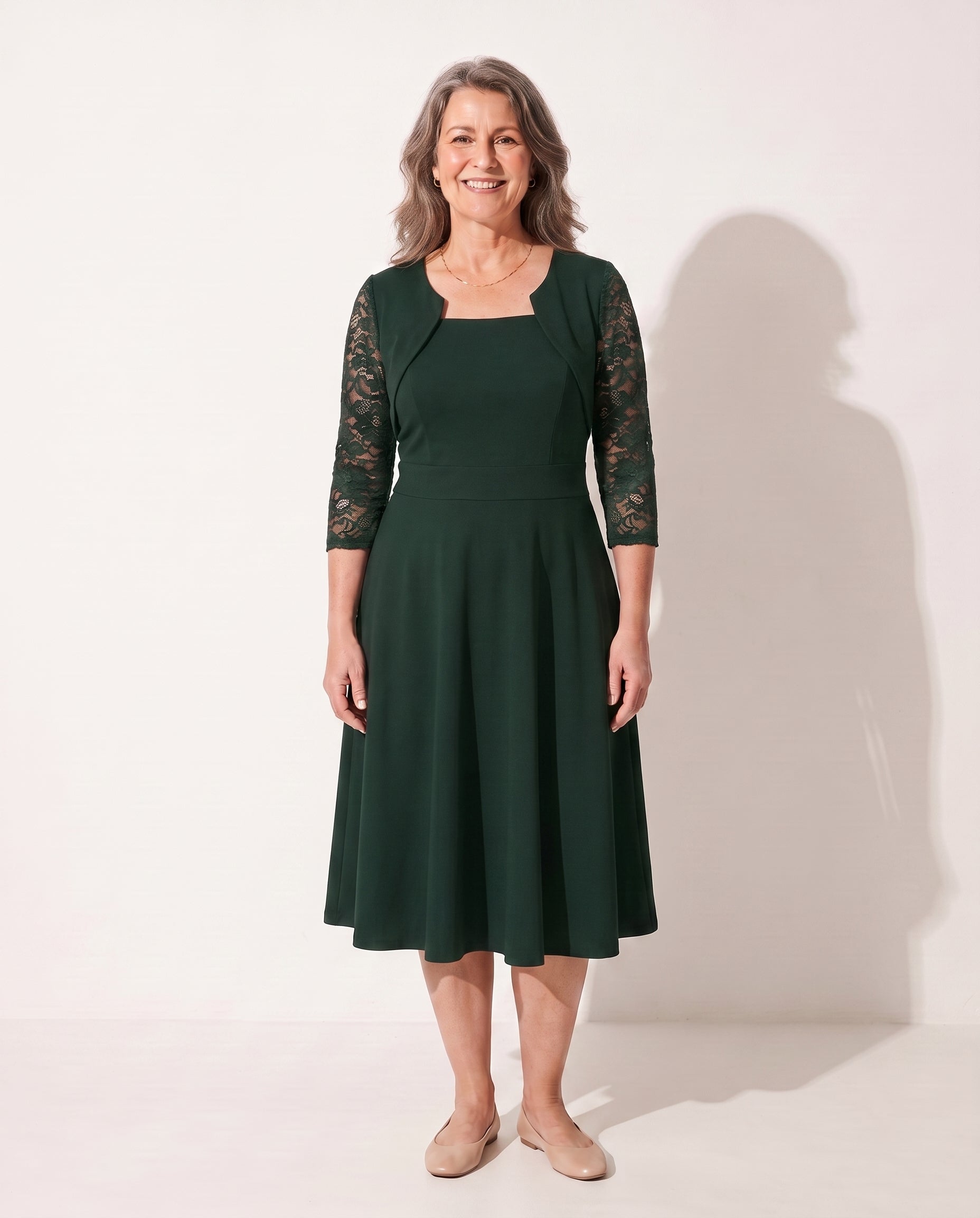 Maelys | Long Sleeve Lace A-Line Wedding Guest Midi Dresses — Green