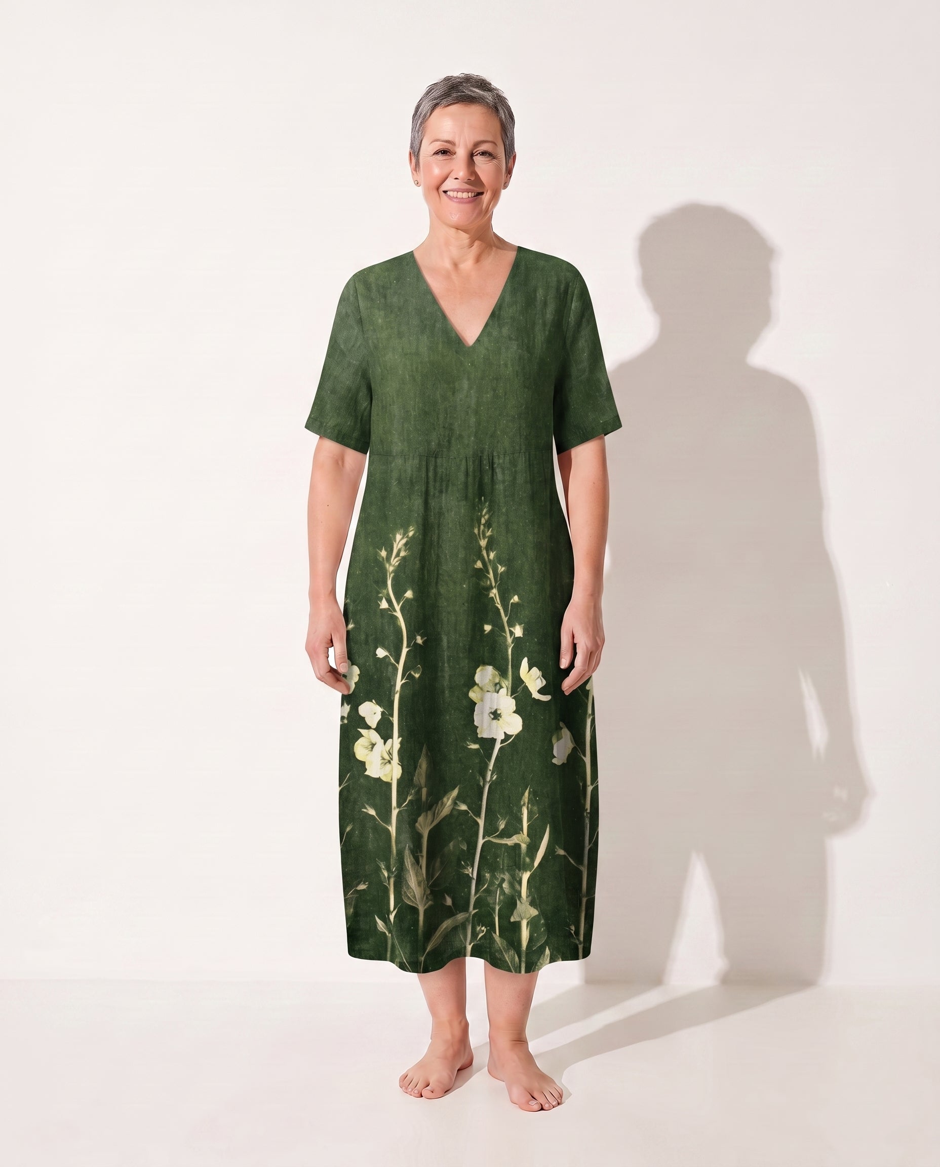 Theodora | Floral Long Sleeve Midi Dress for Garden Parties — Green