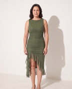 Romilly | Women Ruched Sleeveless Midi Autumn Wedding Guest Dresses — Green