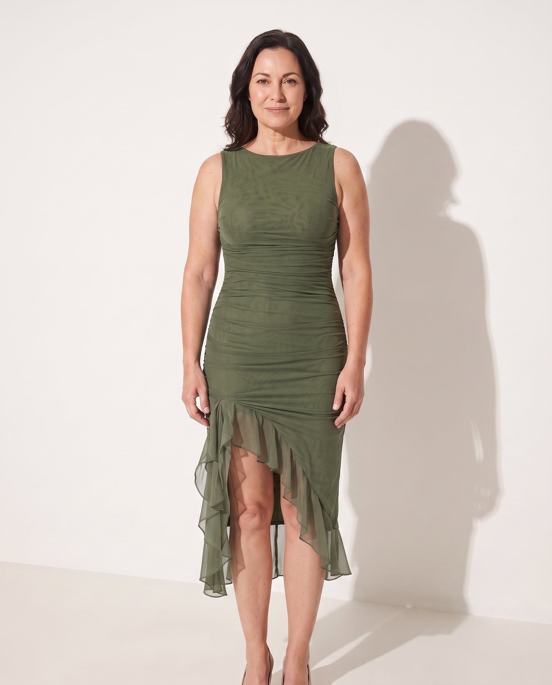 Romilly | Women Ruched Sleeveless Midi Autumn Wedding Guest Dresses — Green