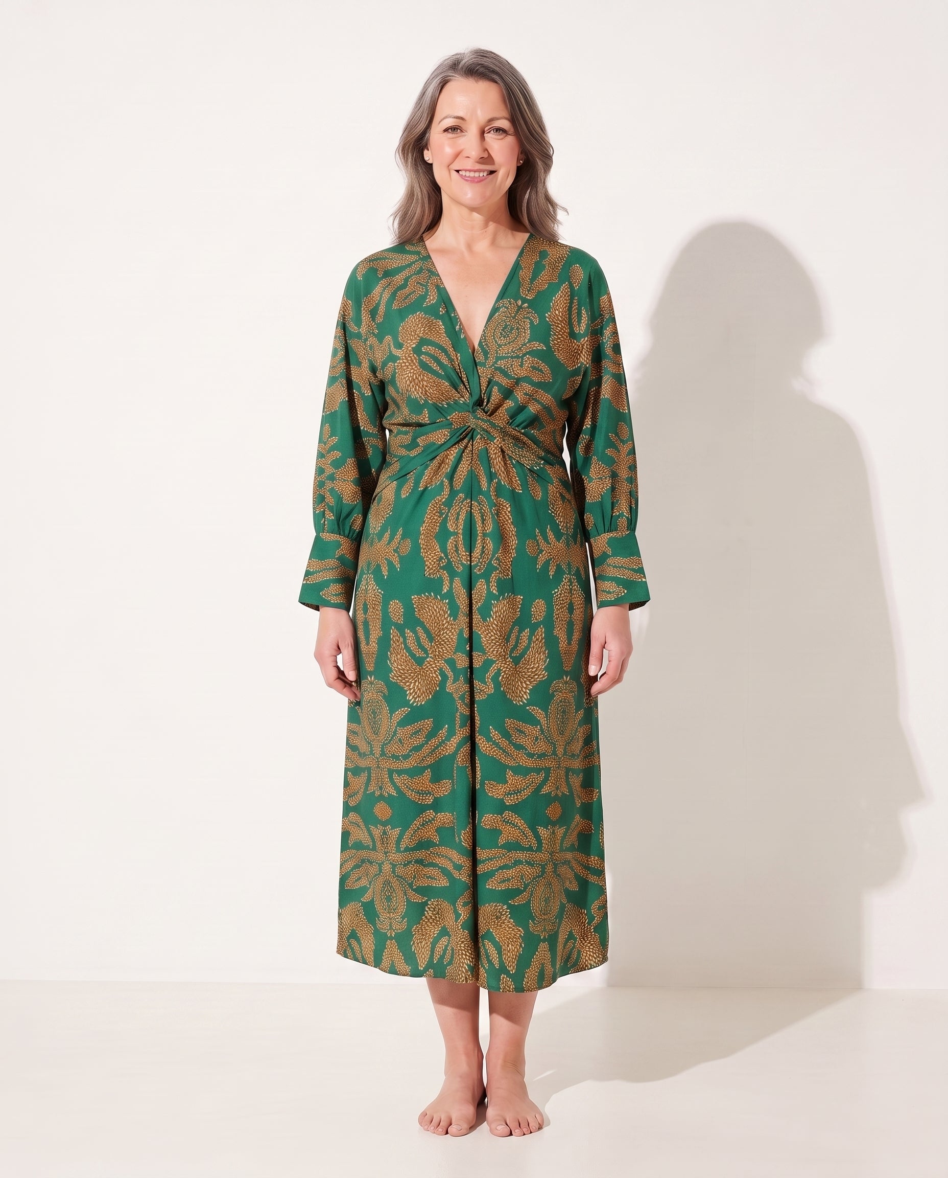 Helena | Long Sleeve Wrap Dress Midi Print Wedding Guest — Green