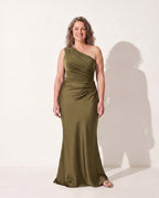 Sidonie | Long Sleeve Satin One Shoulder Wedding Guest Dresses — Green