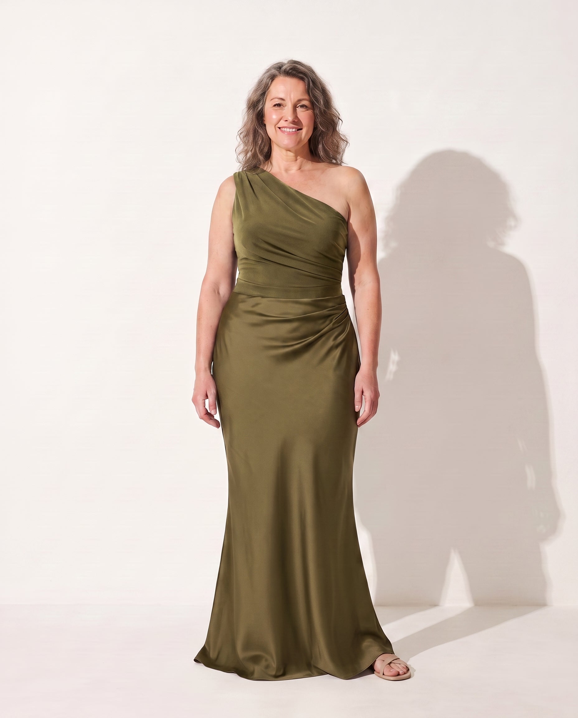 Sidonie | Long Sleeve Satin One Shoulder Wedding Guest Dresses — Green