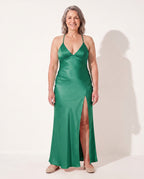 Penelope | Long Sleeve Satin Maxi Dress Evening Occasions — Green