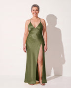 Francesca | Satin Dress High Split Maxi Evening Occasion Gown — Green