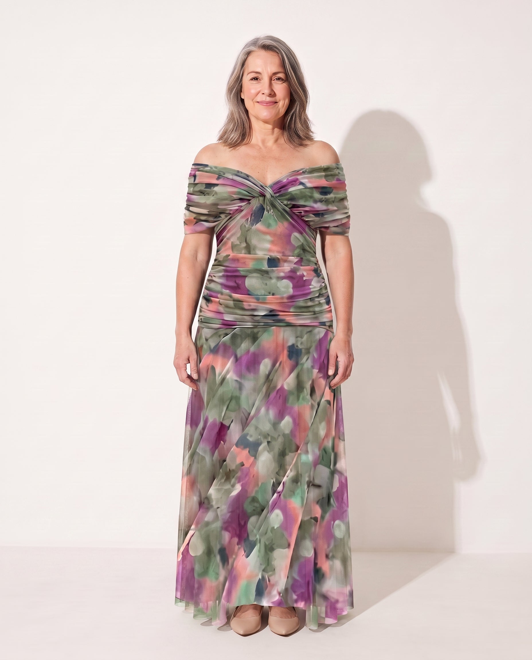 Apolline | Bebe Off Shoulder Ruched Evening Dresses — Green and Purple
