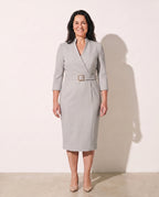 Philippa | Long Sleeve V-Neck Belted Midi Dress Workwear — Grey
