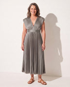 Philippa | Long Sleeve V-Neck Pleated Midi Wedding Guest Dress — Grey