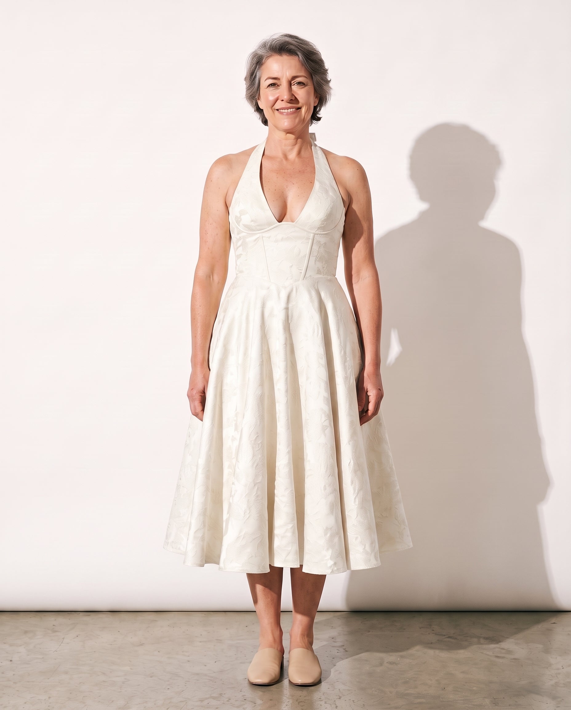 Arabella | Velvet Plunge Halter Midi Dress — Ivory