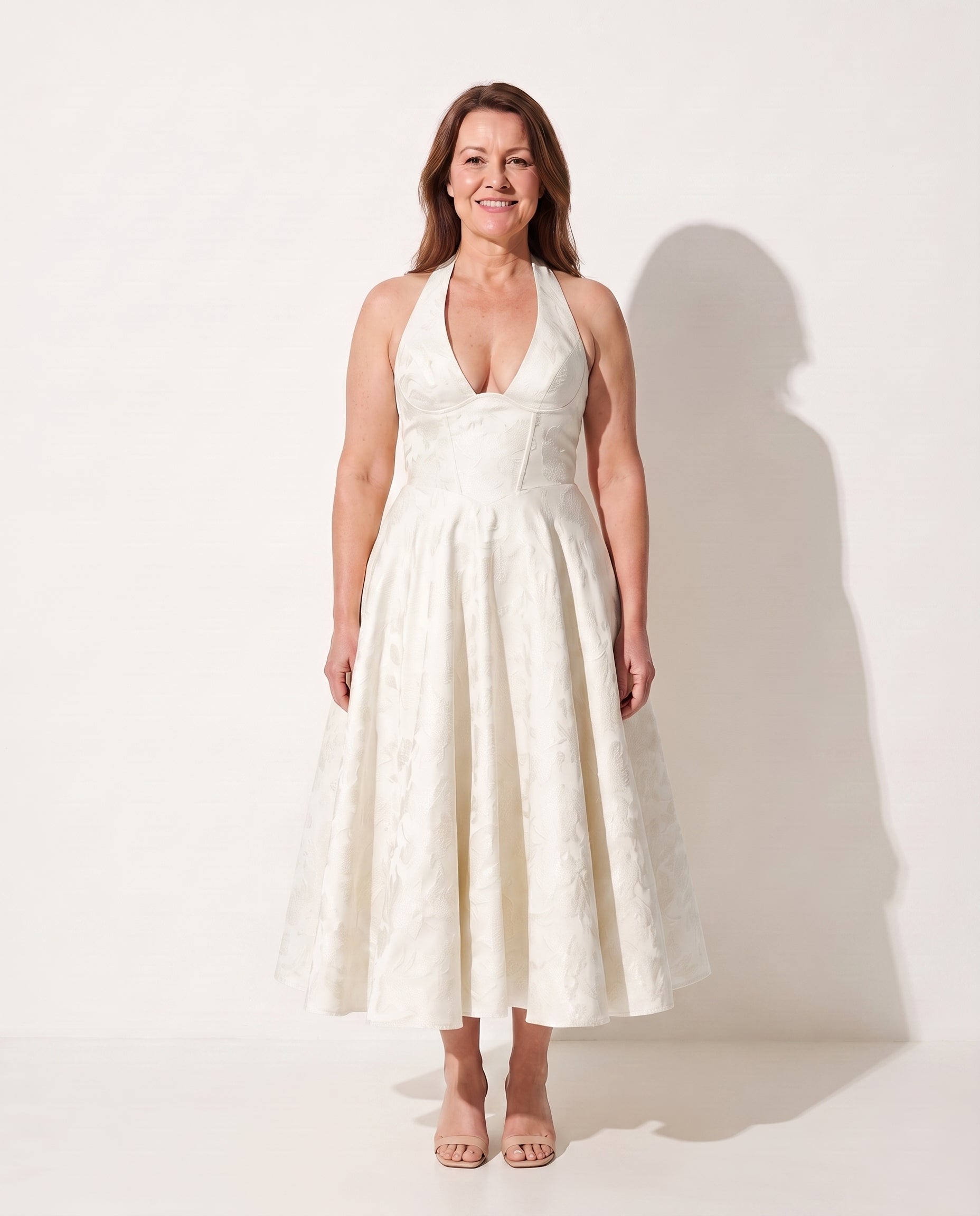 Xanthe | Velvet Halter Neck Midi Dress Wedding Guest — Ivory