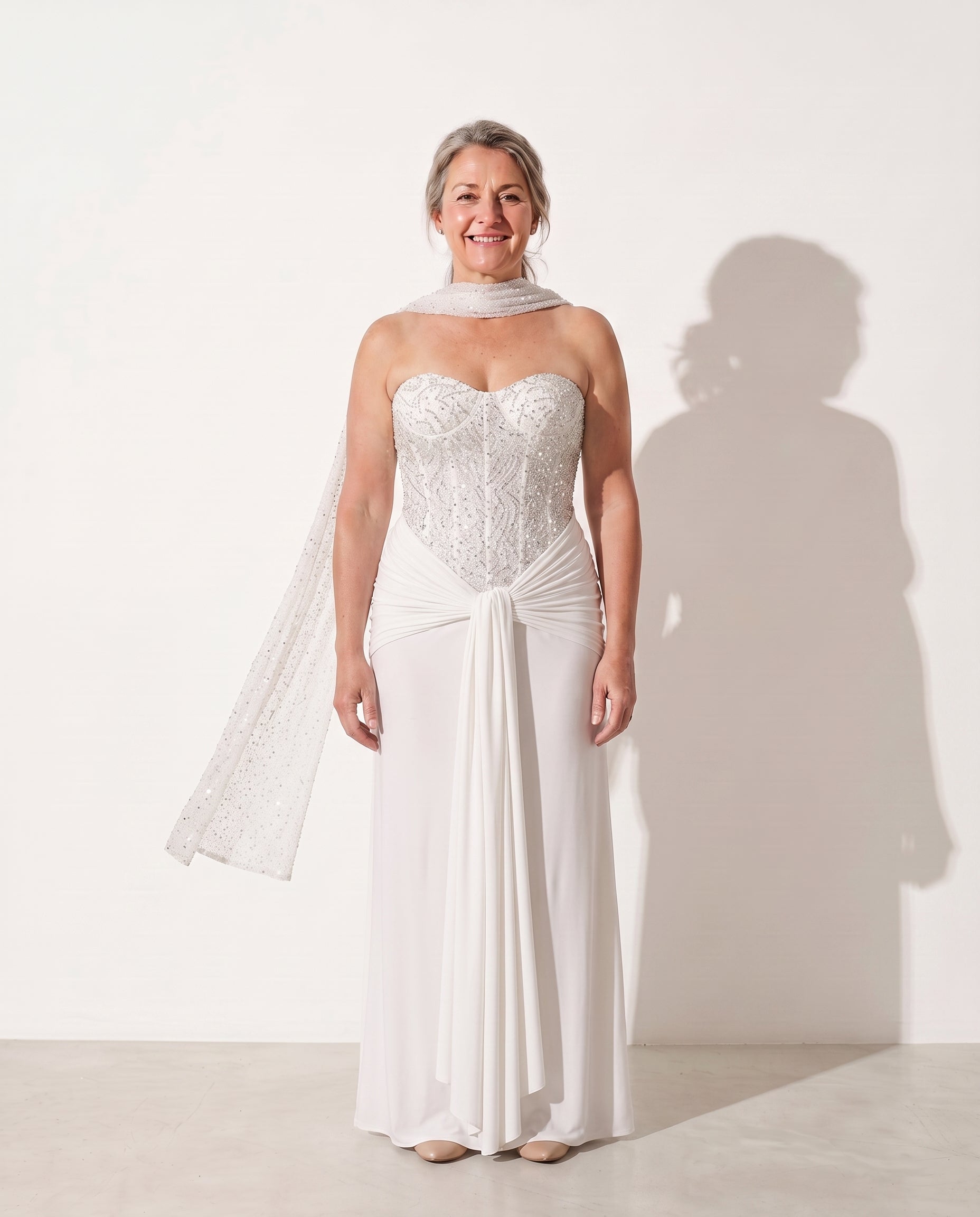 Valentina | Embellished Evening Maxi Dresses With Draped Detail — Ivory