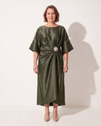 Quintessa | Satin Brooch Midi Dress Kimono Sleeve — Khaki