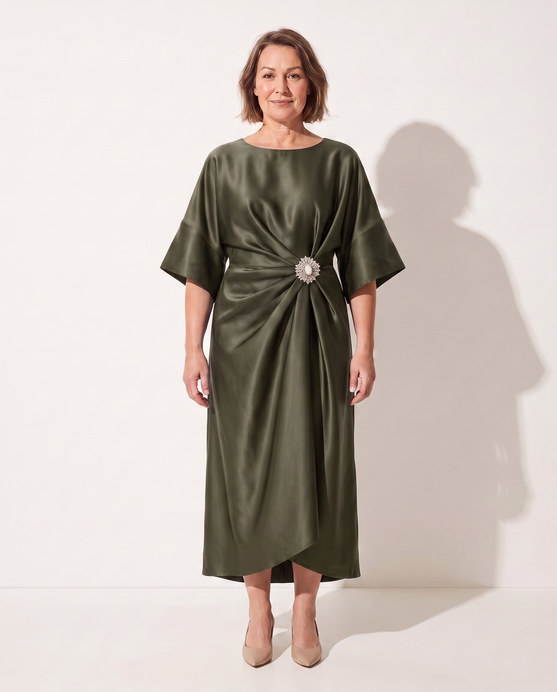 Quintessa | Satin Brooch Midi Dress Kimono Sleeve — Khaki