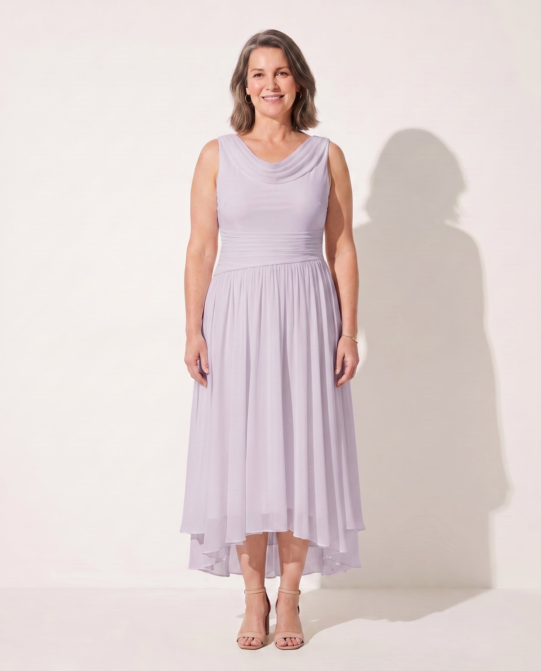 Fleur | Long Sleeve Draped Neck Pleated Midi Dress — Lavender