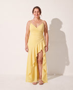 Rosalind | Long Sleeve Satin Maxi Dress Cowl Neck Evening Gown — Lemon