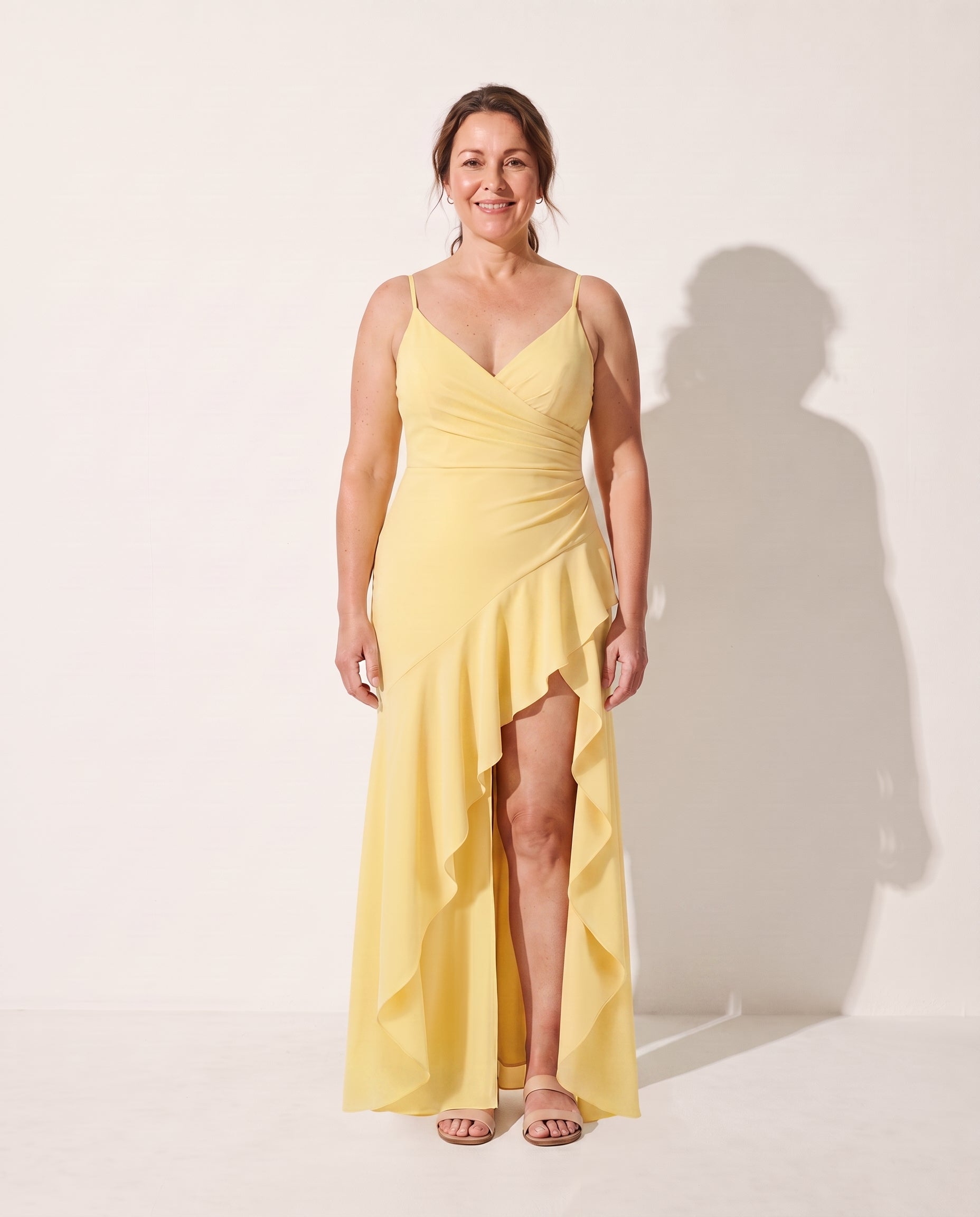 Rosalind | Long Sleeve Satin Maxi Dress Cowl Neck Evening Gown — Lemon