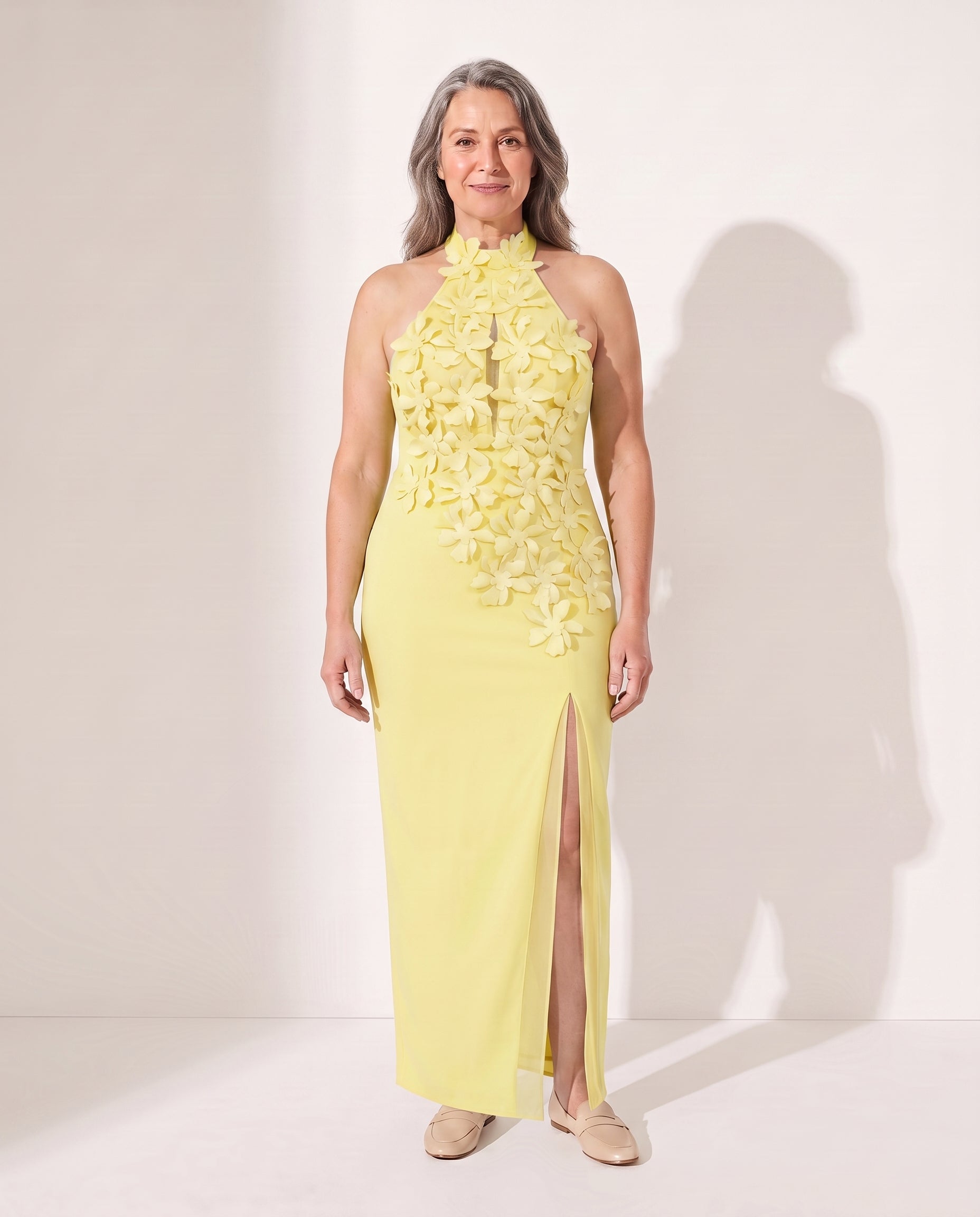 Henriette | Formal Dresses For Women Halter Floral Maxi — Lemon