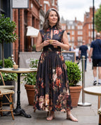 Clemence | Long Sleeve Floral Pleated Midi Wedding Guest Dresses — lifestyle