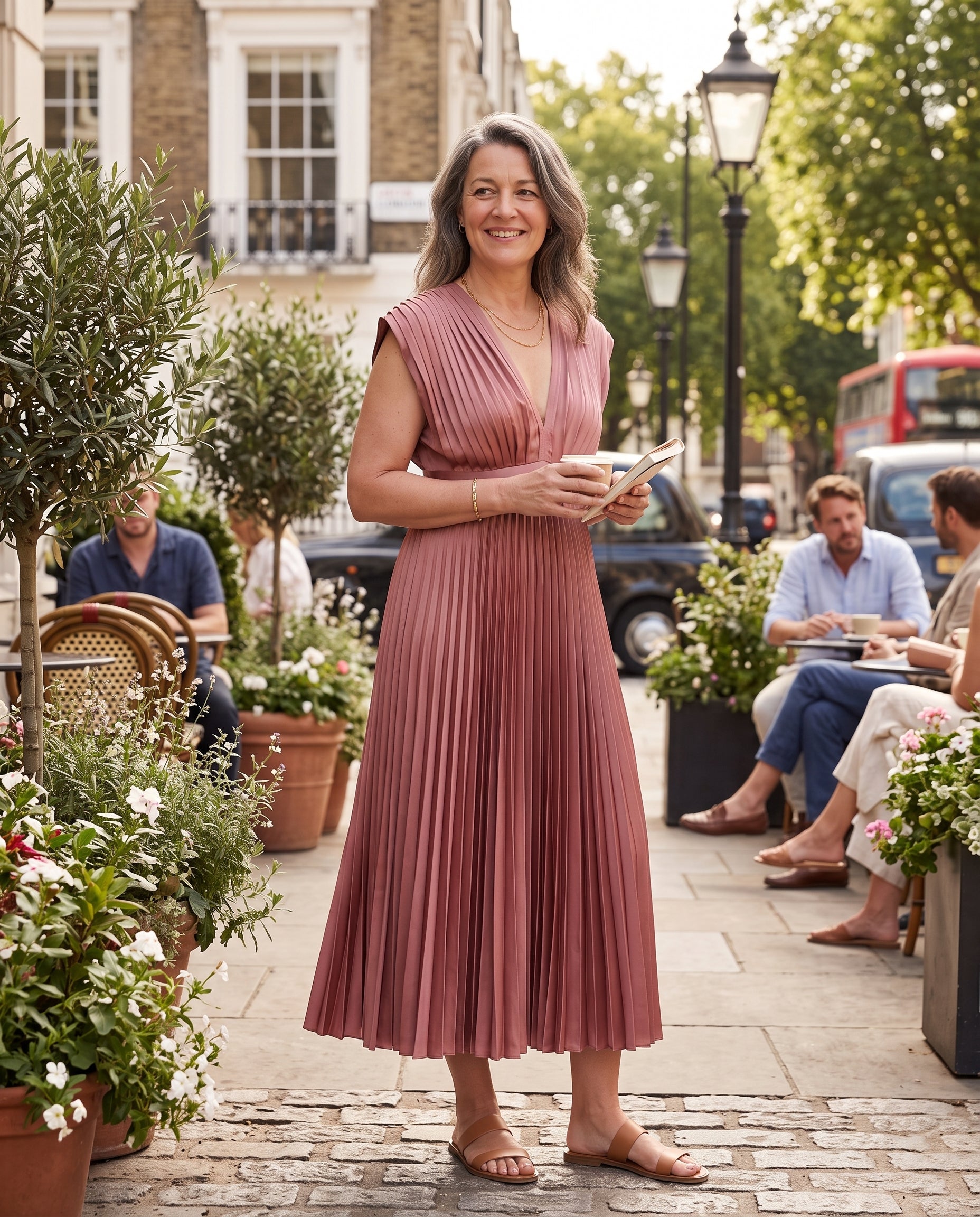 Philippa | Long Sleeve V-Neck Pleated Midi Wedding Guest Dress — lifestyle