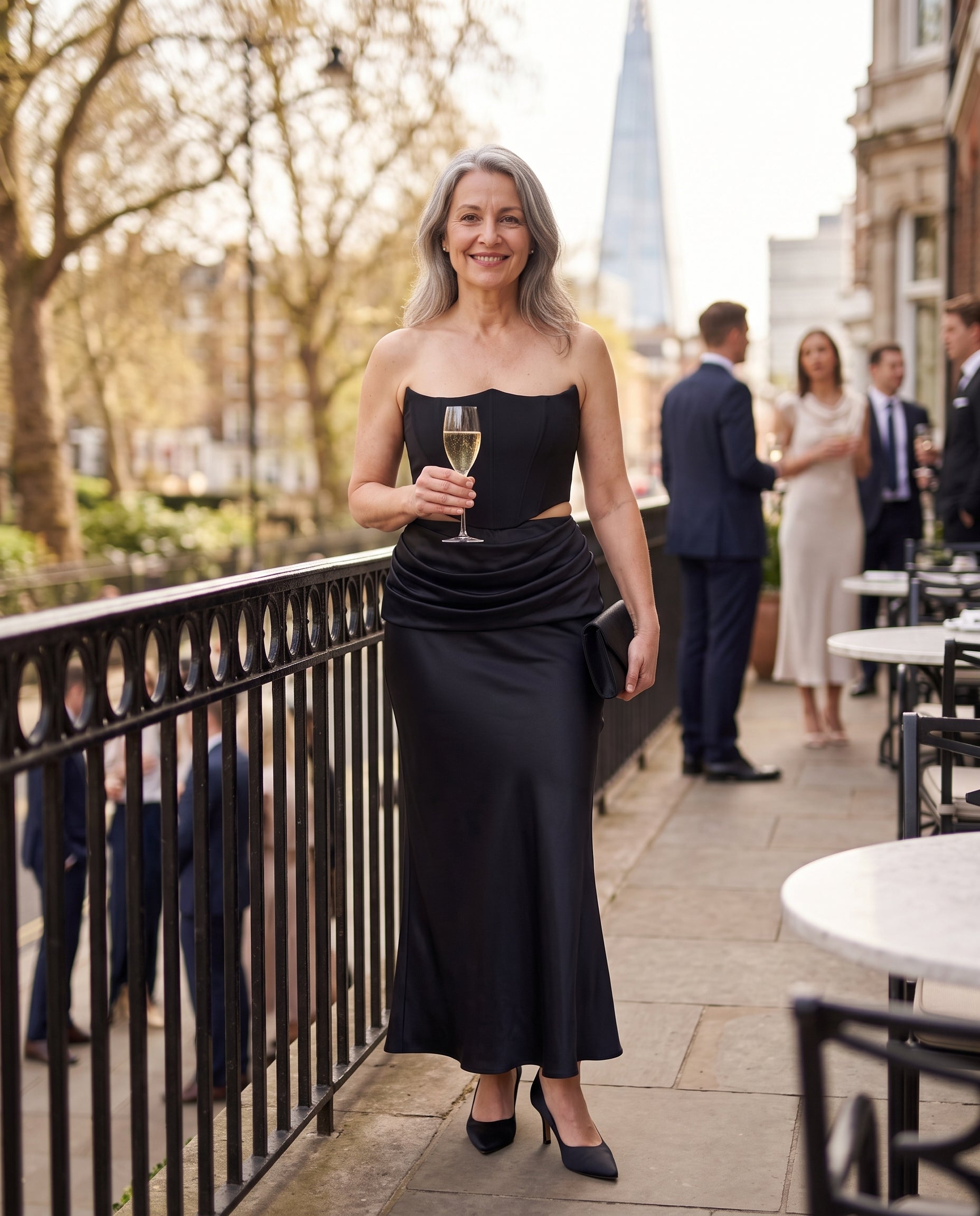 Faustine | Brown Satin Strapless Maxi Dress Evening Gown — lifestyle