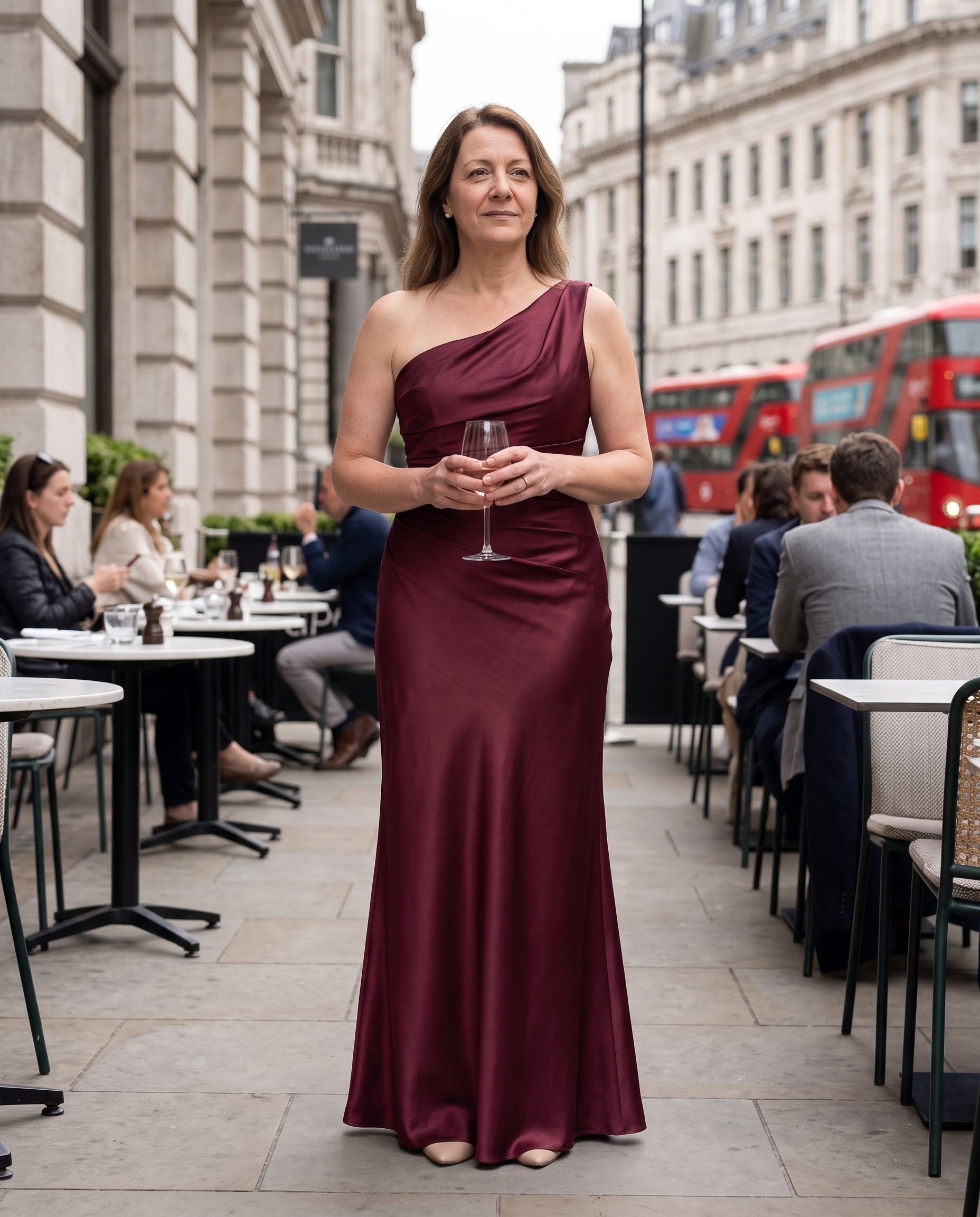 Lucienne | Long Sleeve Satin Dress One Shoulder Corset Maxi — lifestyle