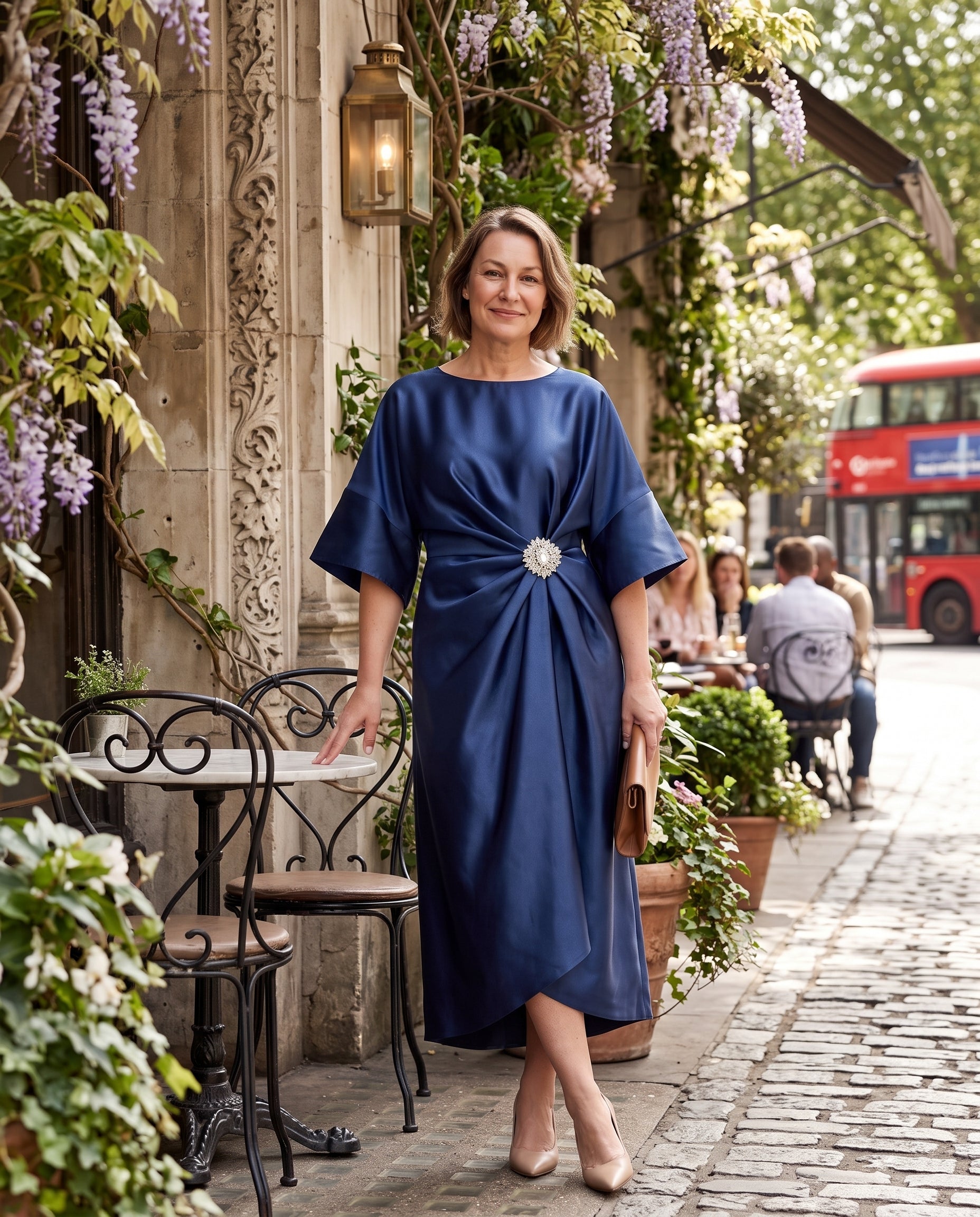 Quintessa | Satin Brooch Midi Dress Kimono Sleeve — lifestyle