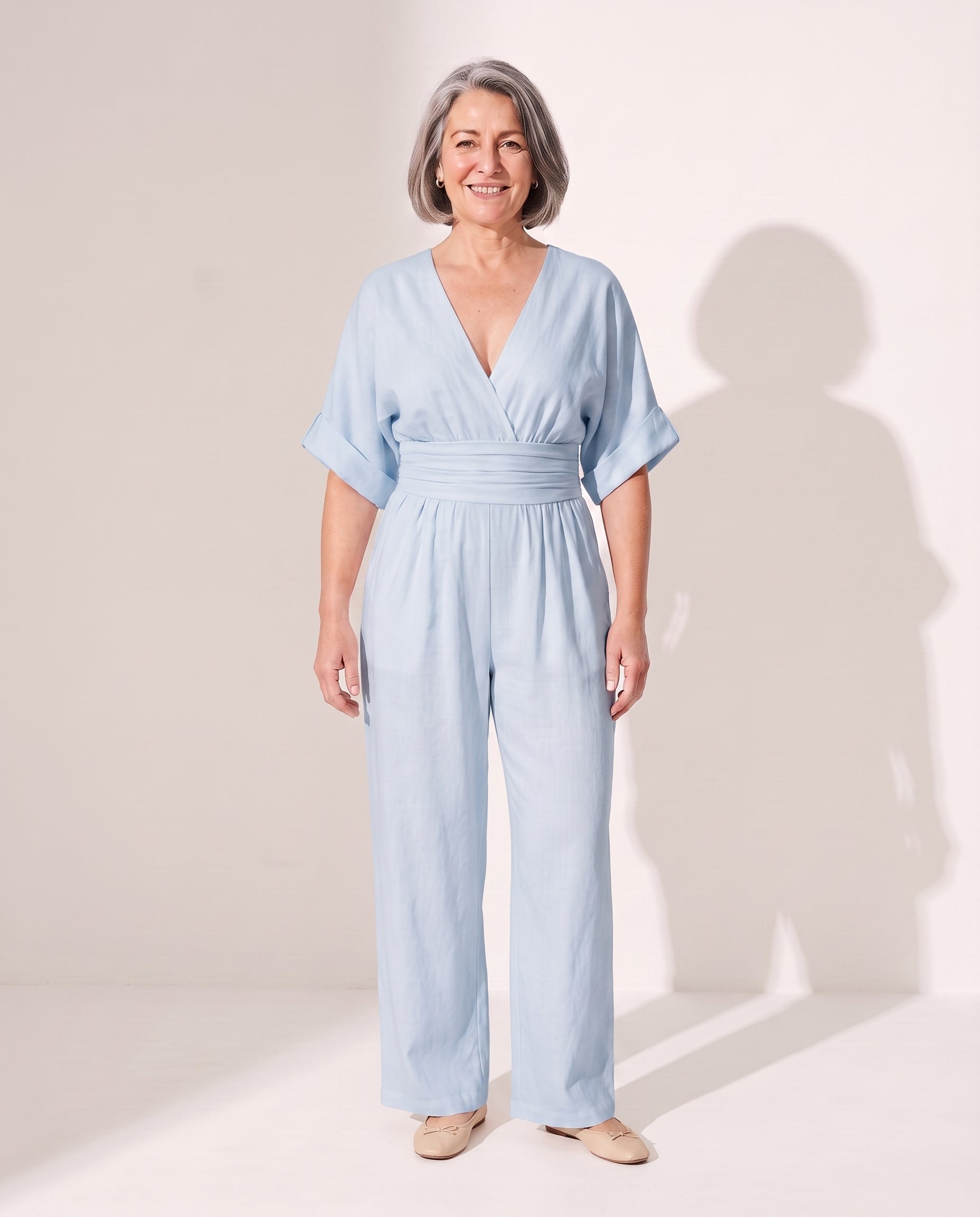 Penelope | Wide Leg Casual Jumpsuit With Cinched Waist — Light Blue