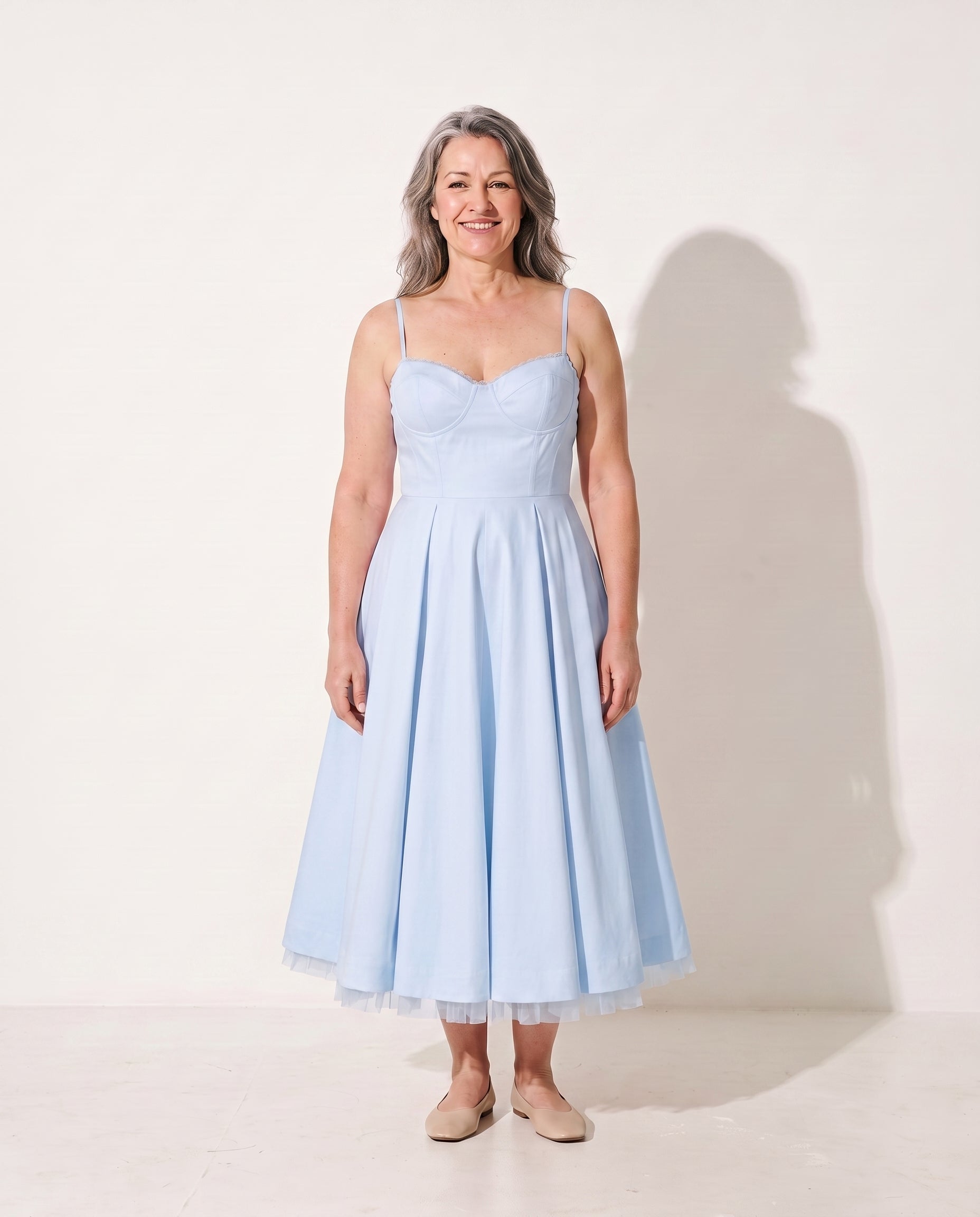 Lucinda | Formal Midi Dress With Corset Bodice & Full Skirt — Light Blue