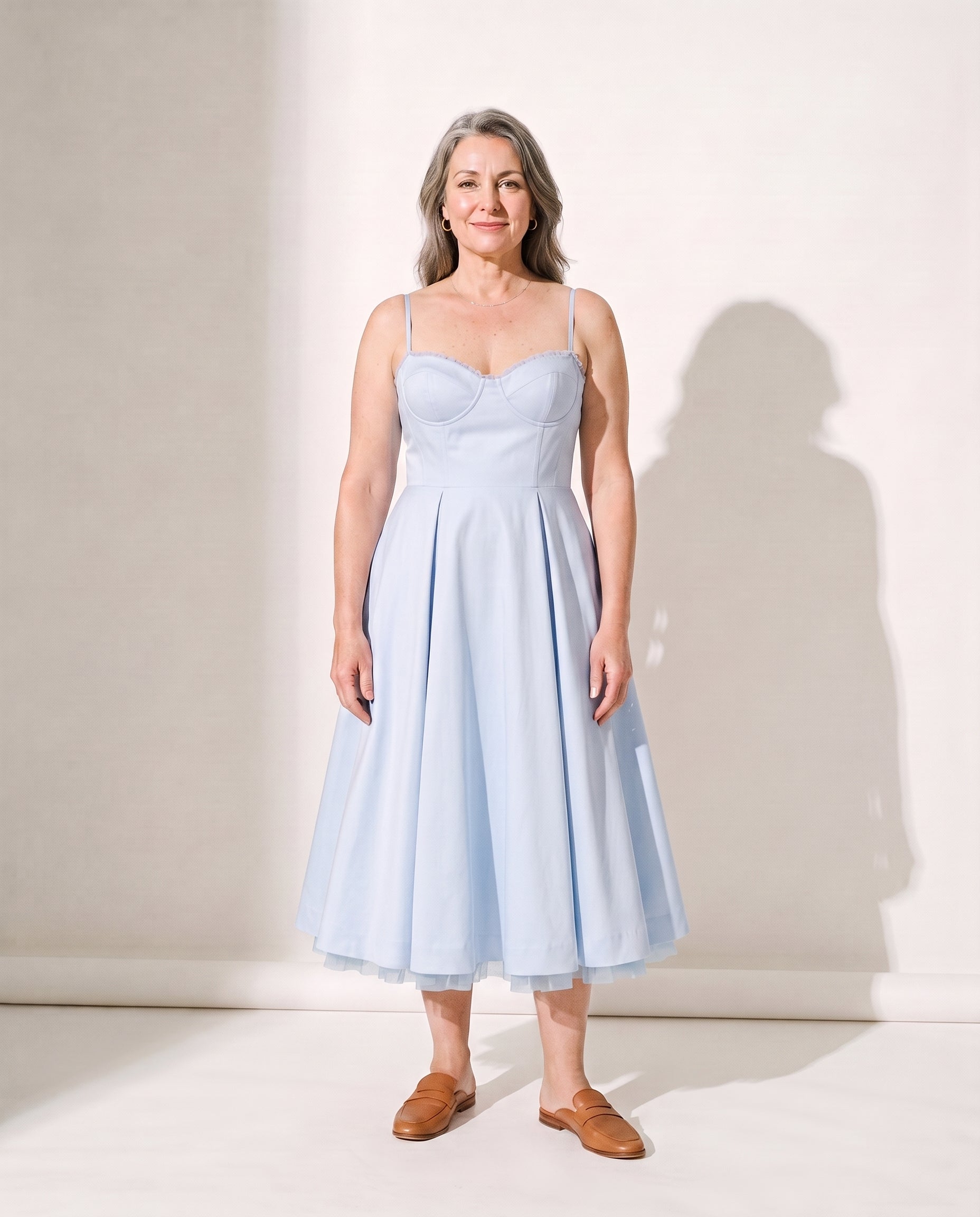Persephone | Corset Midi Wedding Guest Dress With Full Skirt — Light Blue