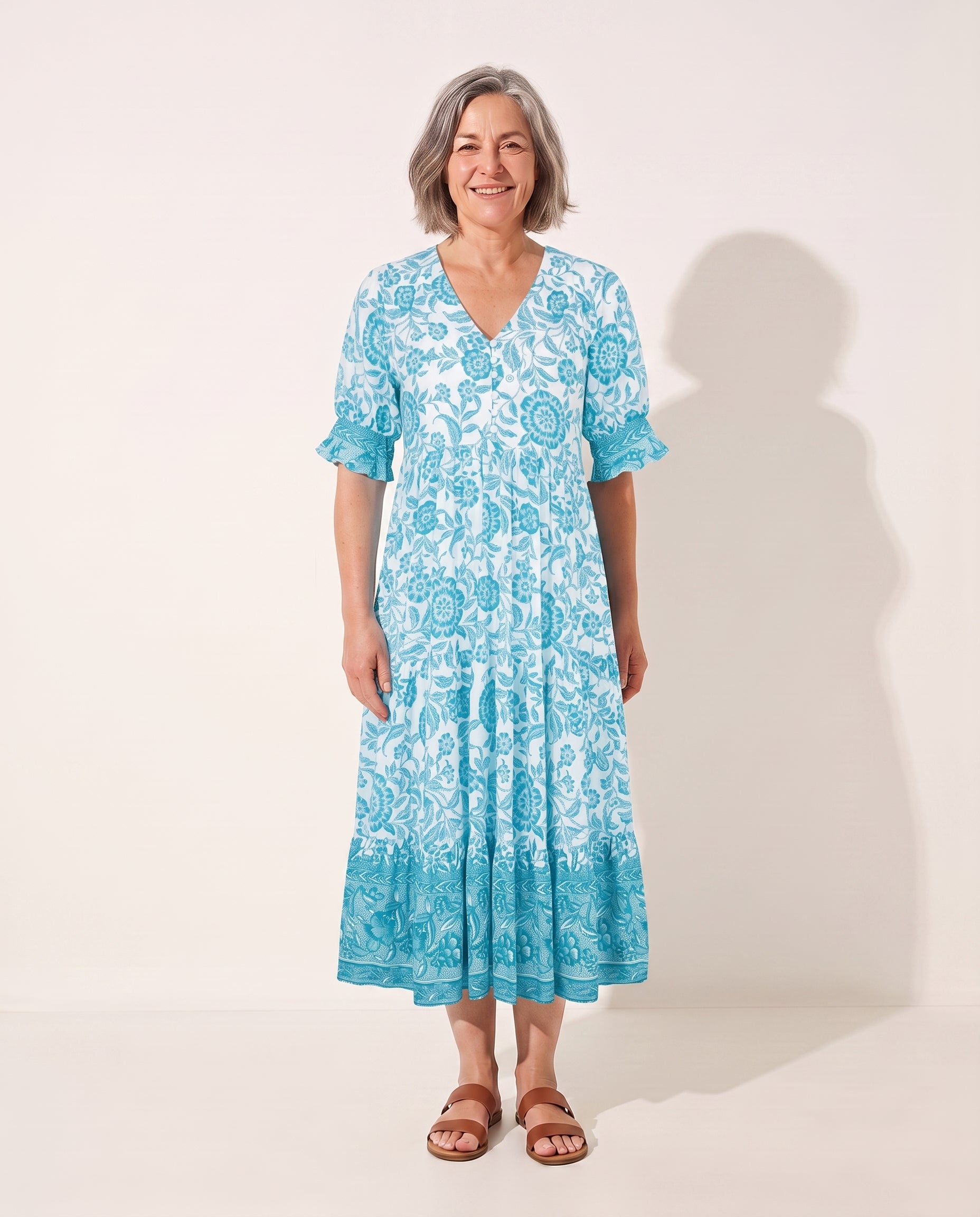 Ophelia | Long Sleeve Floral Midi Dress Wedding Guest — Light Blue