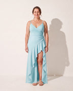Rosalind | Long Sleeve Satin Maxi Dress Cowl Neck Evening Gown — Light Blue
