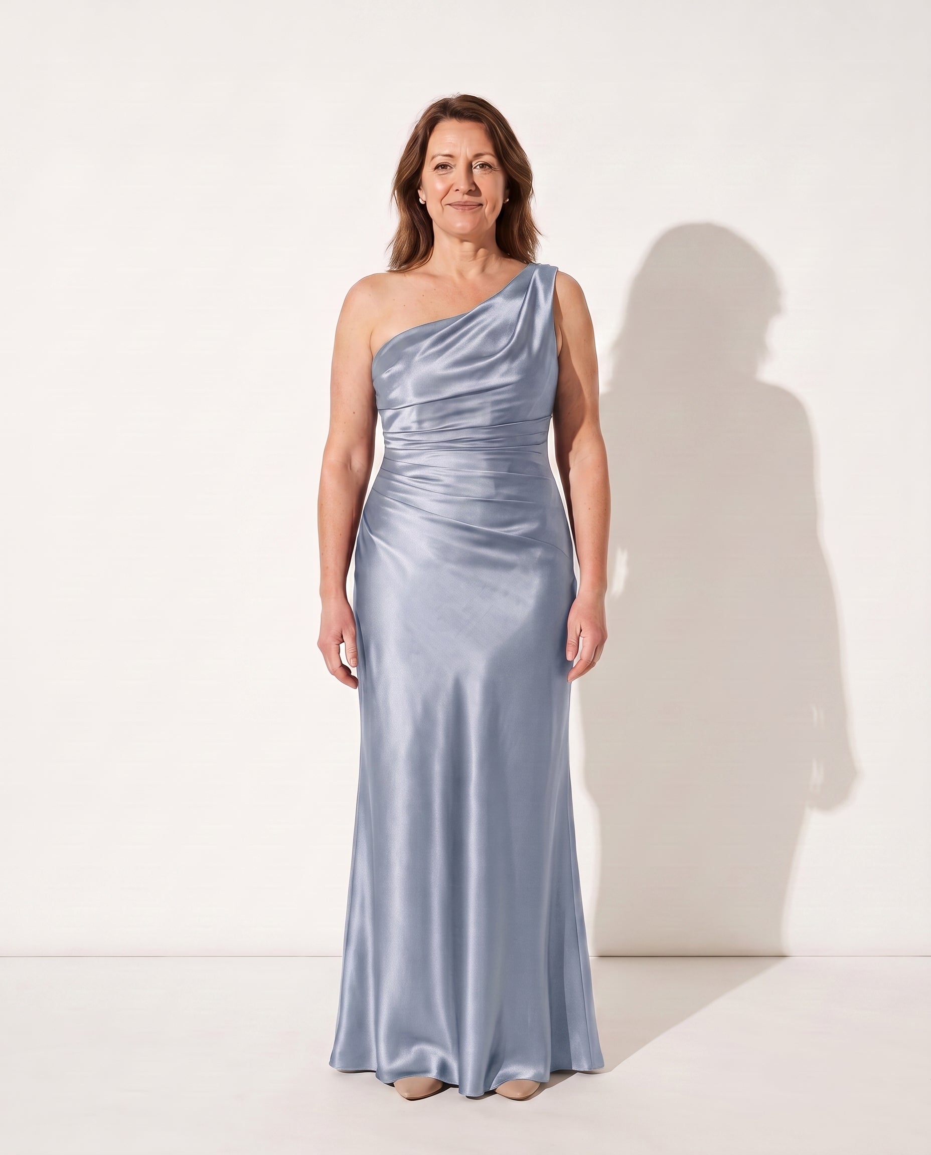 Lucienne | Long Sleeve Satin Dress One Shoulder Corset Maxi — Light Blue