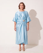 Quintessa | Satin Brooch Midi Dress Kimono Sleeve — Light Blue