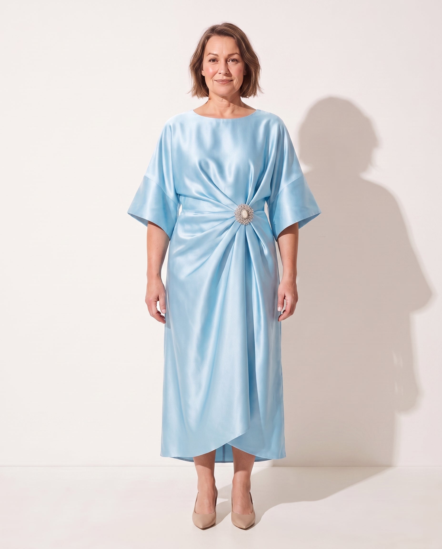 Quintessa | Satin Brooch Midi Dress Kimono Sleeve — Light Blue
