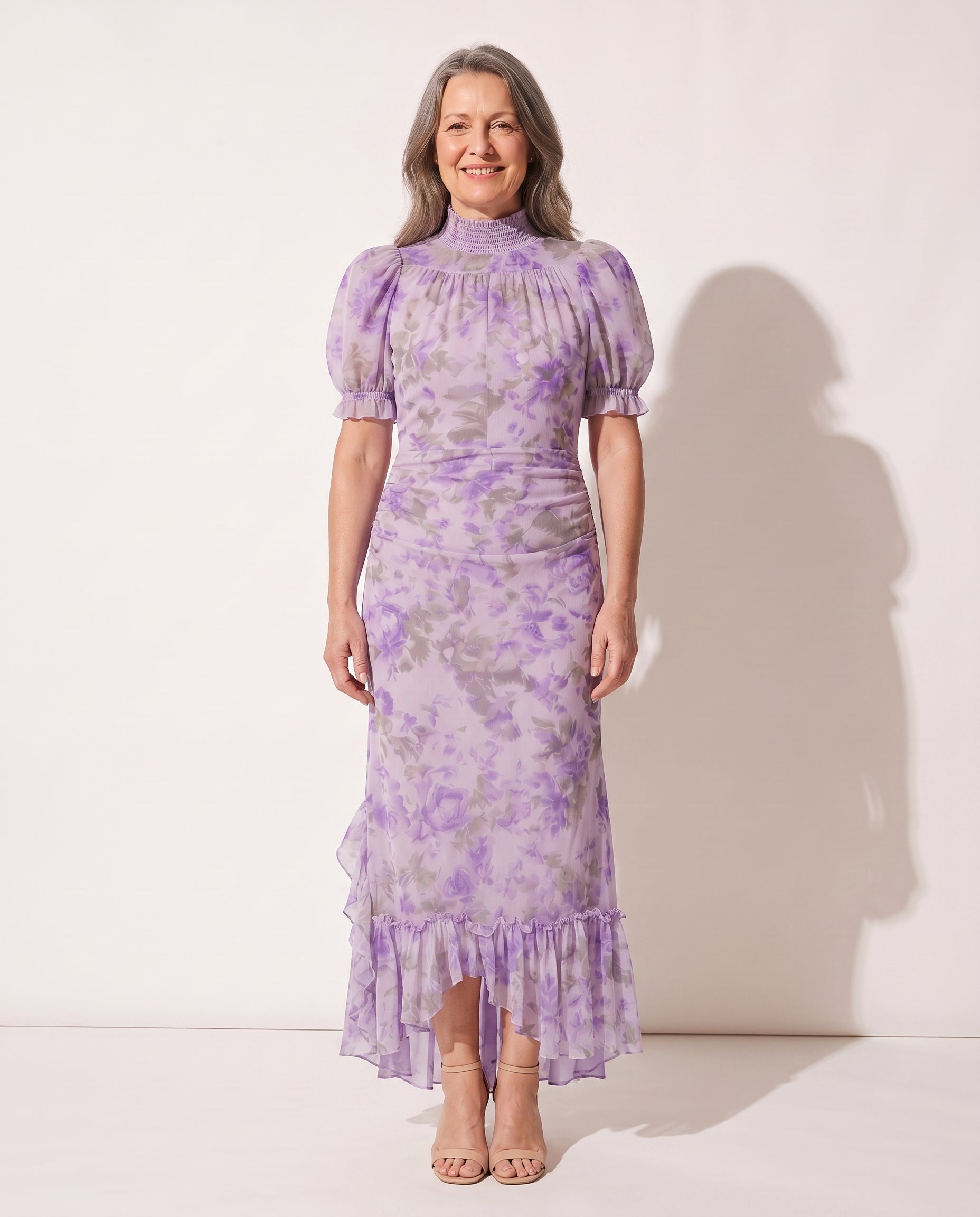 Albane | Floral Print Puff Sleeve Ruffle Maxi Dress — Lilac