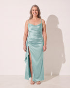 Honorine | Black Ruched Satin Bodycon Maxi Dress — Mint Blue