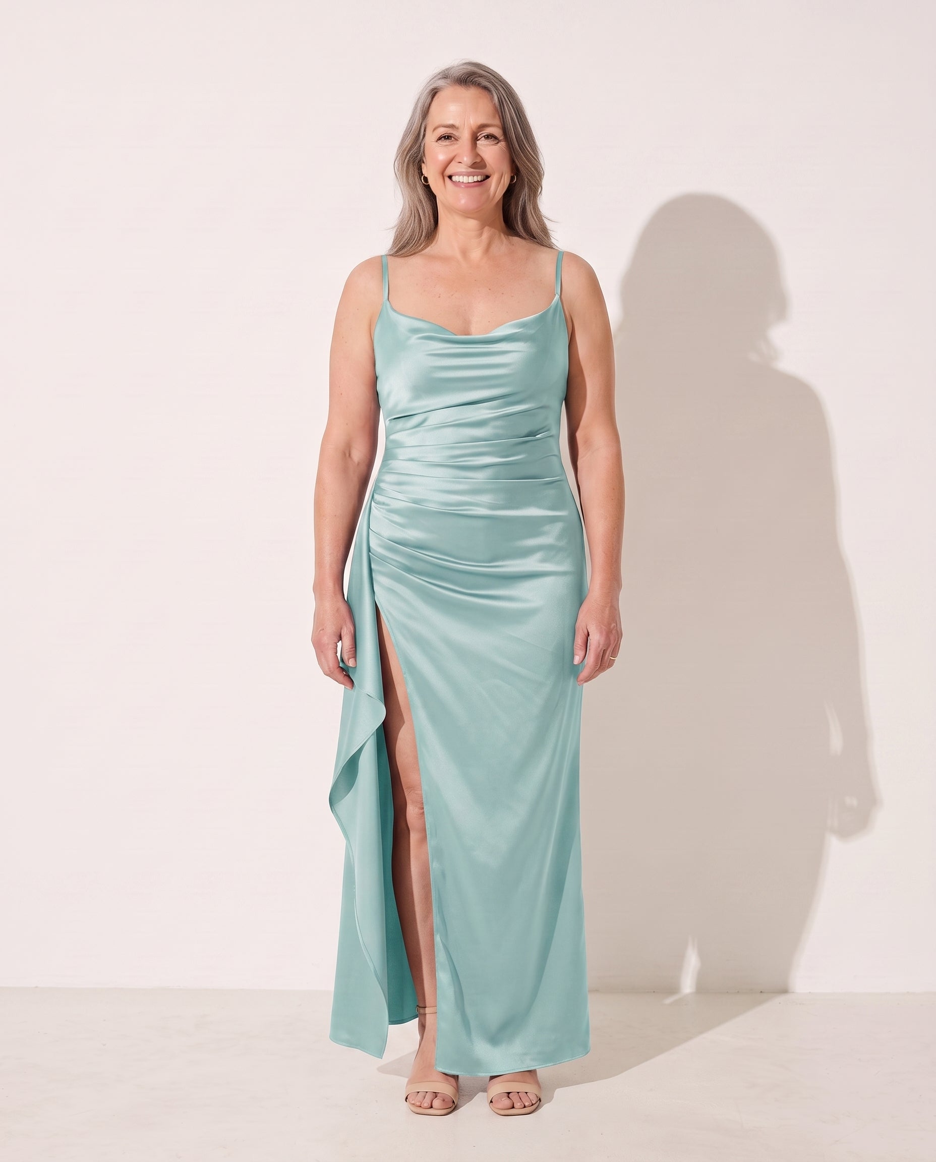Honorine | Black Ruched Satin Bodycon Maxi Dress — Mint Blue