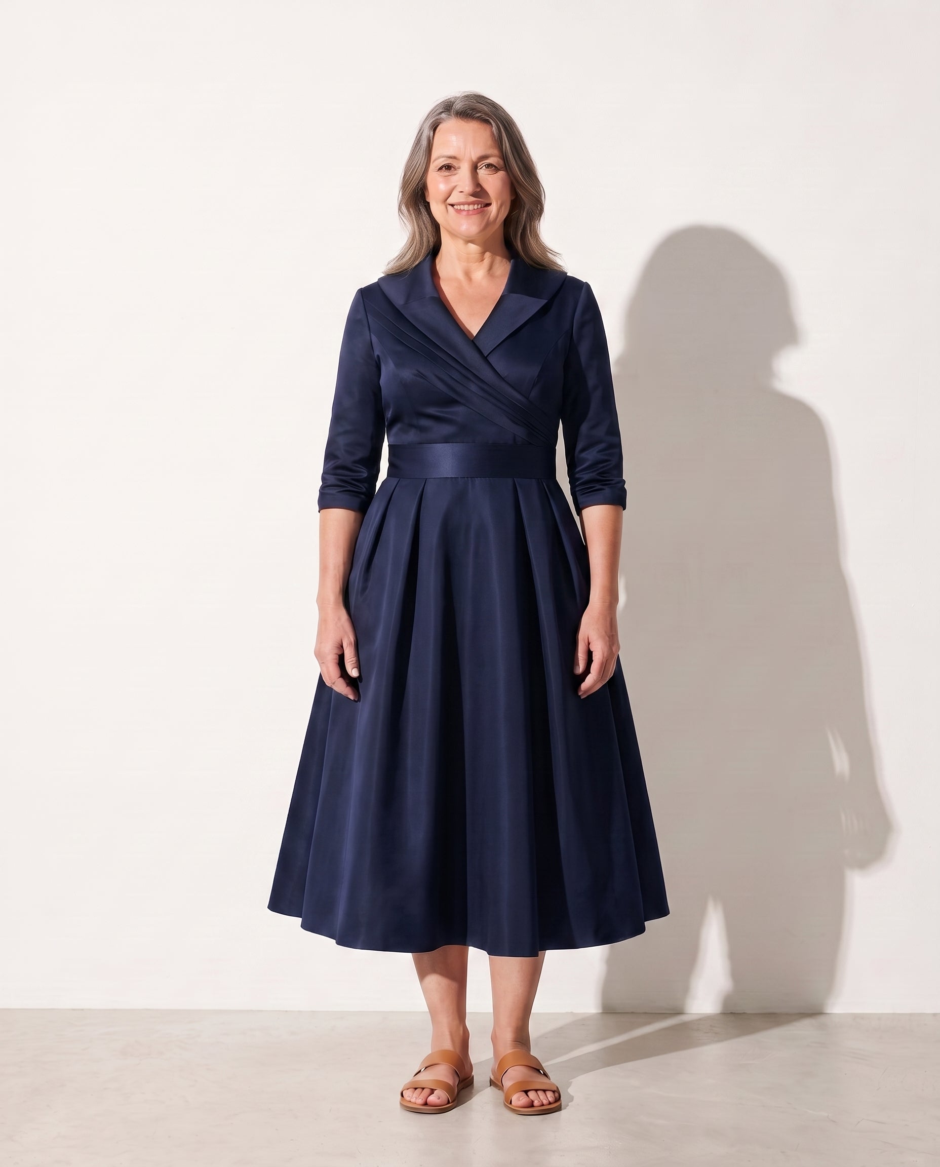 Bridget | Women's Formal Midi Dress with Structured Bodice — Navy
