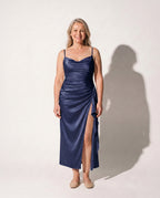 Coralie | Plus Size Evening Dresses Draped Satin Split Maxi — Navy
